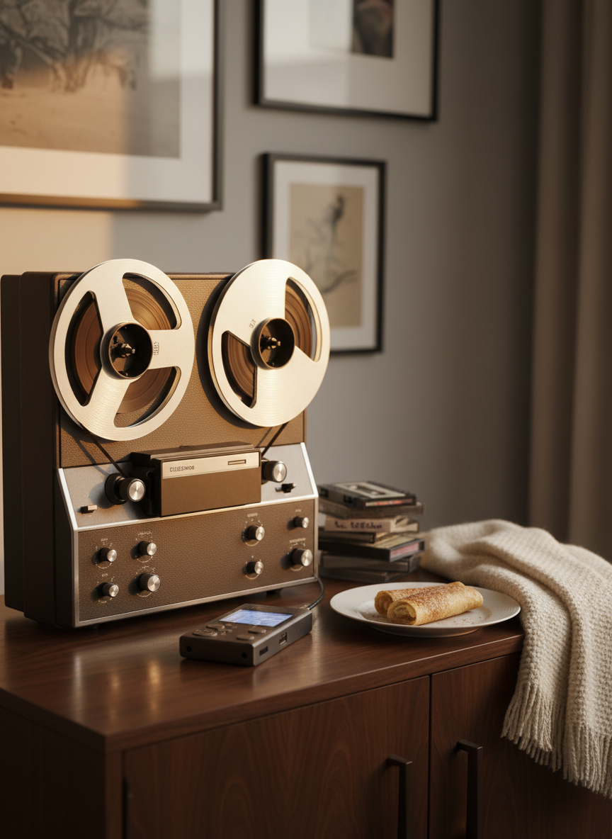 A close-up, cinematic photograph of an old-fashioned reel-to-reel tape recorder on a dark walnut sideboard, its metal reels half-filled with translucent brown tape. Beside it rests a small stack of labeled but unreadable cassette tapes and a modern digital audio recorder, bridging past and present. A folded wool blanket and a porcelain plate with a single half-eaten lefse roll sit near the edge, hinting at home and heritage without showing anyone. Warm, directional lamplight from the left creates dramatic yet gentle highlights on the metal and subtle reflections on the tape, while the background falls into a soft blur of neutral-toned walls and indistinct framed art. The mood is nostalgic, sophisticated, and deeply personal, ideal for an “About the podcast” or history page.