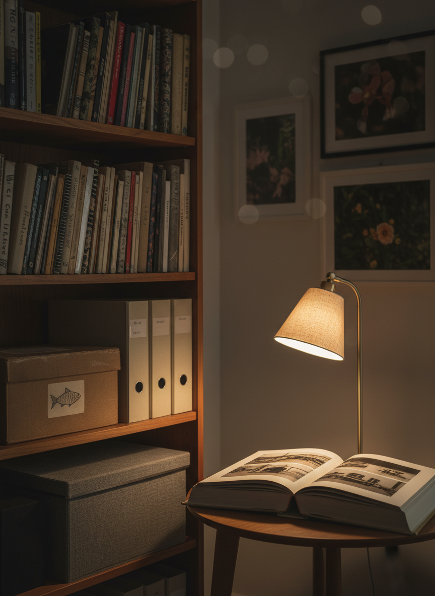A cozy archival corner of a home office, photographed in realistic detail, featuring a mid-century wooden bookshelf filled with mismatched, well-loved photo albums and plain spine binders. On a lower shelf, a vintage shoebox labeled only with a small drawing of a fish sits beside a neutral fabric storage box, suggesting organized family audio archives. A small desk lamp with a linen shade casts warm, focused light on one open album on a nearby side table, its pages turned toward landscapes and objects rather than people. The background fades into gentle shadow, with soft bokeh from distant framed nature photos. Eye-level composition and a calm, muted color palette create a sophisticated, intimate atmosphere for an archive-browsing section.