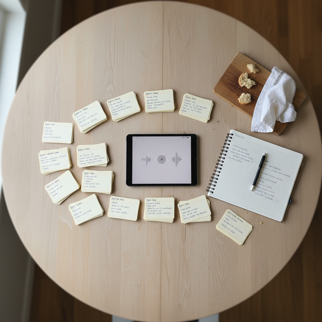 An overhead photographic view of a large dining table made of pale oak, arranged as a storytelling workspace rather than for eating. Neatly stacked index cards with handwritten episode notes are spread in small clusters, alongside a spiral-bound notebook open to carefully written show notes. A tablet displays an audio waveform paused mid-episode, while a folded linen napkin and a simple wooden serving board with crumbs hint at shared family snacks. Soft morning window light washes across the surface, creating a calm, archival feeling. Composition centers the tablet and notes, with edges fading into subtle blur, evoking quiet organization and the warmth of preserving family stories without showing any people.